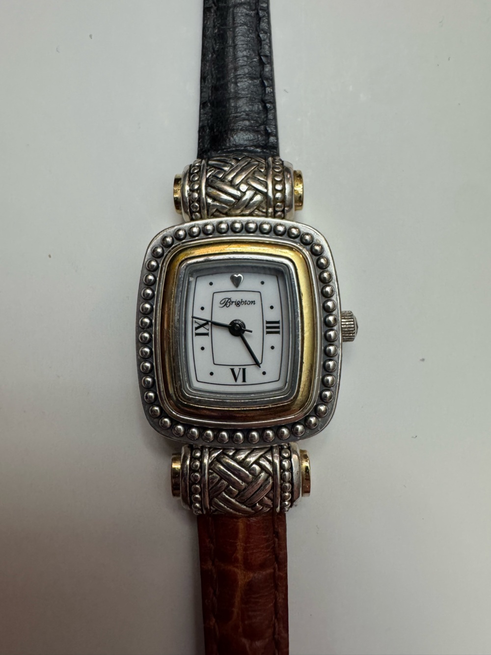 Brighton Two-Tone Silver and Gold Beaded Leather Bracelet Watch